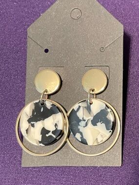 Gold Drop Earrings with Acrylic Black and Cream Marbled Inlay